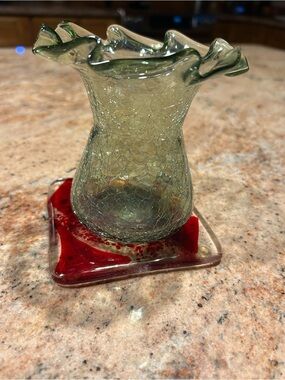 Blenko Glass Co. Handblown Sage Green 4” Ruffled Edge Crackle Glass Vase MCM Vtg